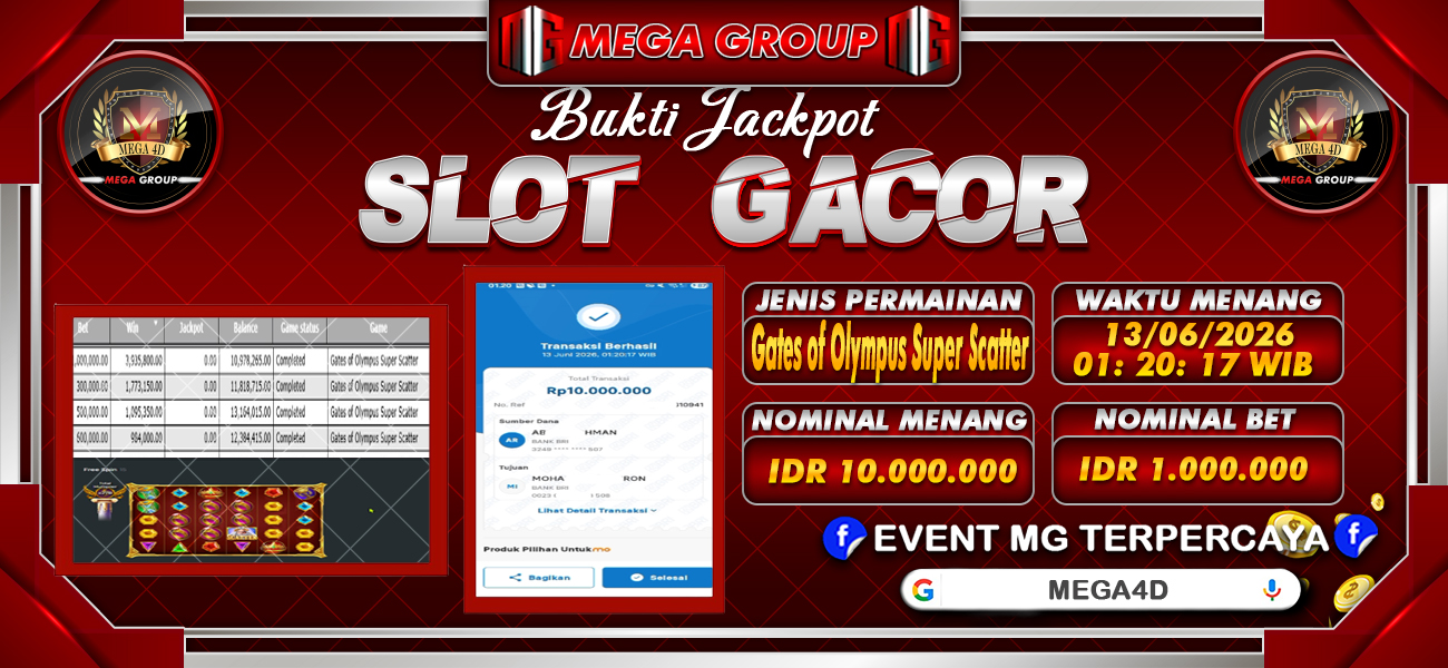 Bukti JP situs Mega4D hari Sabtu, 13 Juni 2026