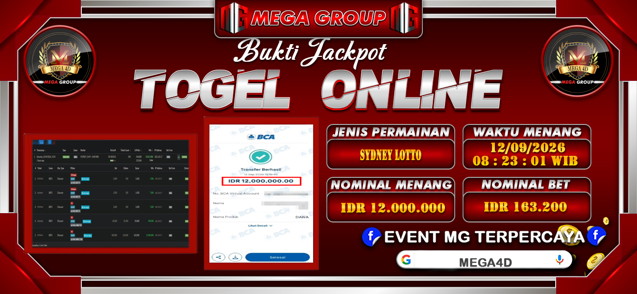 Bukti JP situs Mega4D hari Sabtu, 12 September 2026
