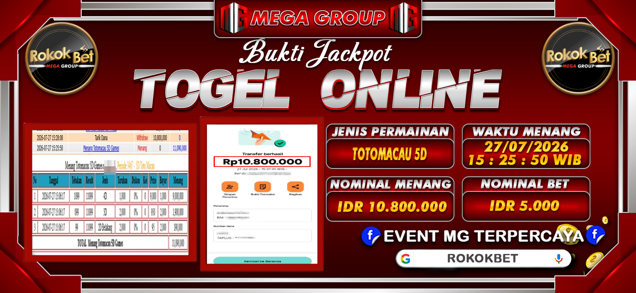 Bukti JP situs Rokokbet hari Senin, 27 Juli 2026