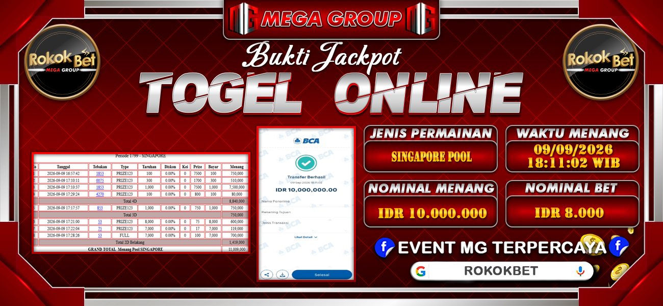 Bukti JP situs Rokokbet hari Rabu, 09 September 2026